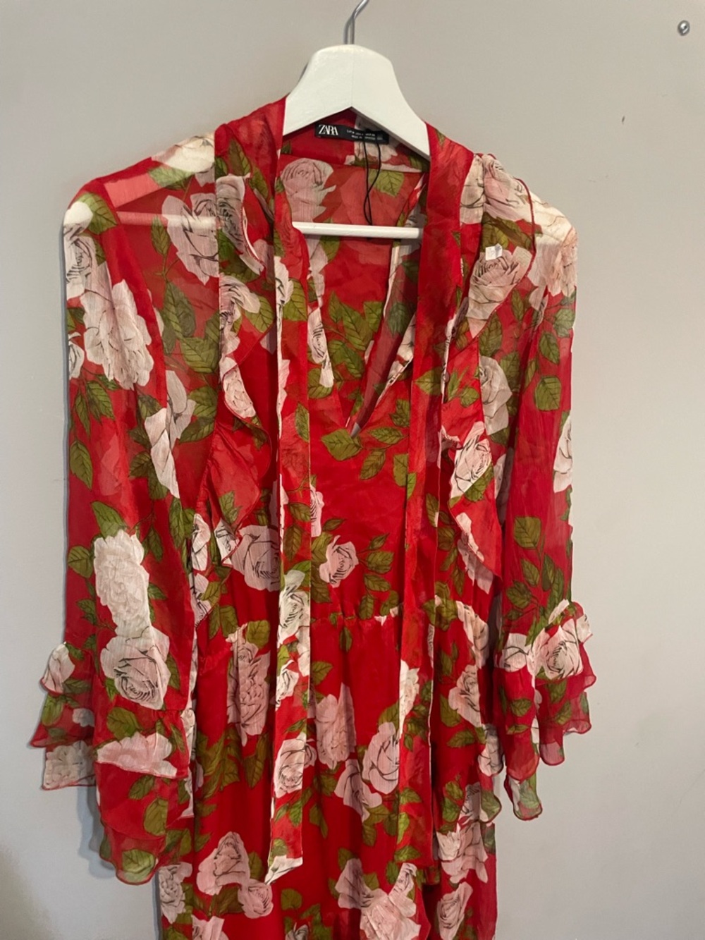ZaraRed Floral Maxi Dress with Ruffled Sleeves FLAWED - Picture 3 of 8